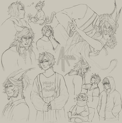 sketch page of 1-2 characters interacting, posing etc.