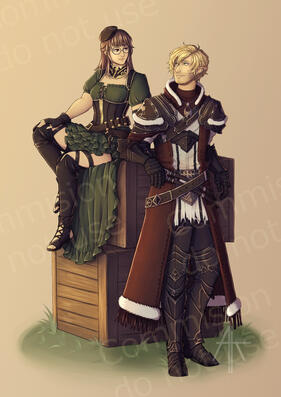 two character full body + full render + simple background